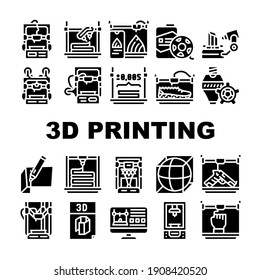 3d Printing Equipment Collection Icons Set Vector. 3d Printing Device And Scanner, Mobile Control And Monitor Settings, Details And Powder Glyph Pictograms Black Illustrations