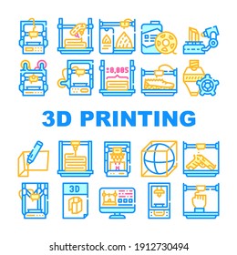 3d Printing Equipment Collection Icons Set Vector. 3d Printing Device And Scanner, Mobile Control And Monitor Settings, Details And Powder Concept Linear Pictograms. Contour Color Illustrations