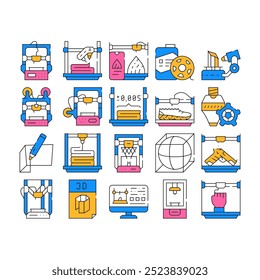 3d Printing Equipment Collection Icons Set Vector. 3d Printing Device And Scanner, Mobile Control And Monitor Settings, Details And Powder color Contour Illustrations