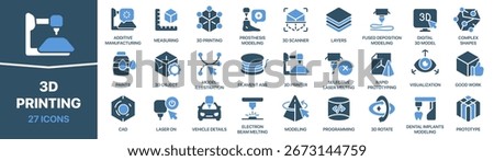 3D printing fill icon collection. Set of icons about additive manufacturing. Includes printers, models, scanning, layers, prototyping, and digital production
