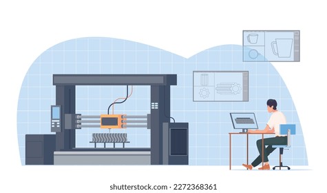 3d printing flat composition with indoor view of huge printer controlled by computer operated by man vector illustration