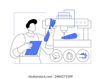 3D printing of food abstract concept vector illustration. Engineer making dimensional 3D printed food, natural science, modern technology, additive manufacturing technique, abstract metaphor.