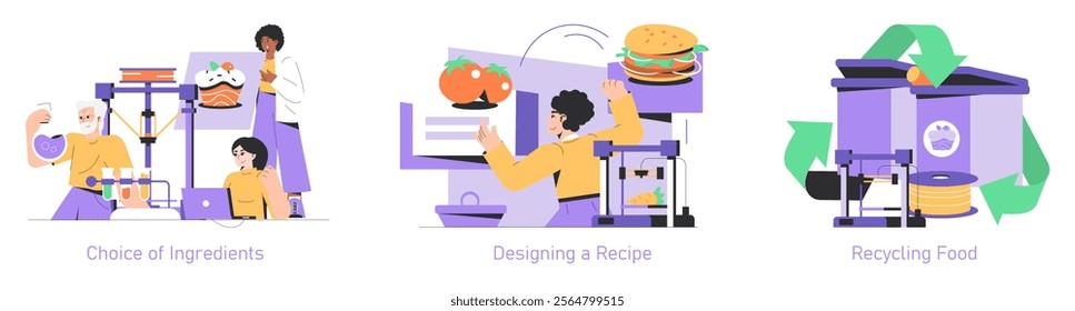 3D printing food process set. Selecting ingredients, creating recipes, and sustainable food recycling techniques. Vector illustration.