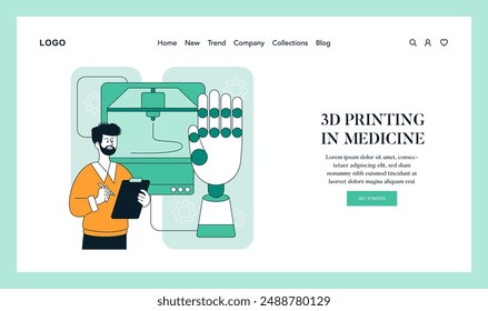 3D Printing in Healthcare concept. A medical professional oversees the innovative production of a prosthetic hand via 3D printing technology. Vector illustration.