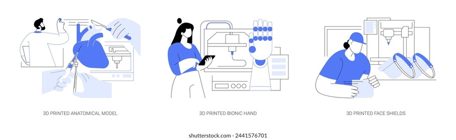 3D printing in healthcare isolated cartoon vector illustrations set. Planning surgery with anatomical model, printed bionic hand prosthesis, creating face shields with 3d printer vector cartoon.