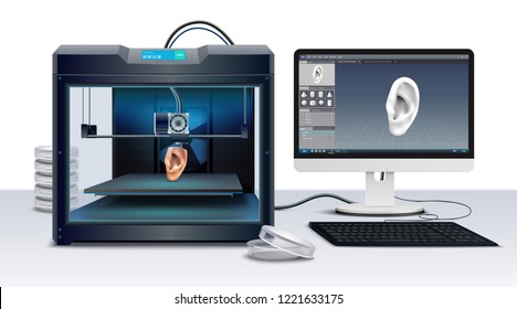 3d printing of human ear realistic composition vector illustration