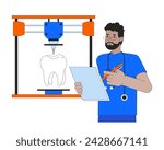 3D printing of human tooth line cartoon flat illustration. Biomimetic restorative dentistry. Printer orthodontist 2D lineart character isolated on white background. Prototype scene vector color image