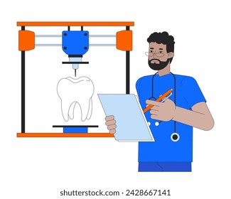 3D printing of human tooth line cartoon flat illustration. Biomimetic restorative dentistry. Printer orthodontist 2D lineart character isolated on white background. Prototype scene vector color image