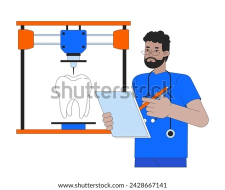 3D printing of human tooth line cartoon flat illustration. Biomimetic restorative dentistry. Printer orthodontist 2D lineart character isolated on white background. Prototype scene vector color image