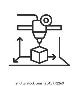 3D printing, icon in line design. 3D printing, printer, technology, manufacturing, digital, object, layers on white background vector. 3D printing editable stroke icon