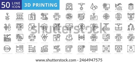 3D Printing icon set with additive manufacturing, d model, computer control, powder grains, liquids and layer by layer.