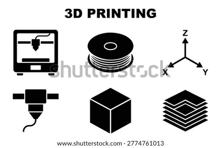 3D Printing Icon Set Featuring Printer, Filament Spool, and Cube Symbols. solid icons vector illustration