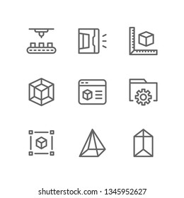 3d printing icon set including printer, factory, handheld, measure, cube, model, software, settings, cube, geometry, prism