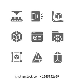 3d printing icon set including printer, factory, handheld, measure, cube, model, software, settings, cube, geometry, prism
