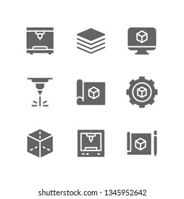 3d printing icon set including printer, manufacturing, layer, computer, laser, prototype, modelling, cube, machine