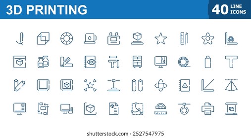 3D printing icon set with print technology. Editable stroke line symbols. Industrial production tech, computer aided design.