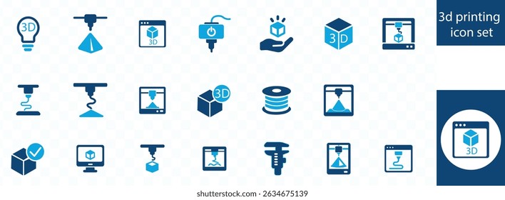 3D printing icon set. 3D printer, modeling, filament, 3D scanner, additive manufacturing, prototype and more.
