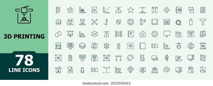 3D printing icon set. Related to 3D printer, modeling, filament, prototype and more. Minimal line vector icons collection.