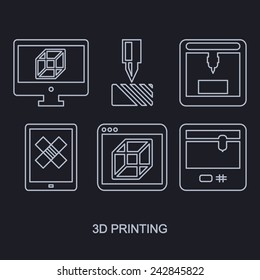 3D Printing icon set showing manufacturing printers, tablet and computer monitor with modeling program