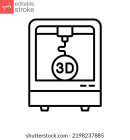 Icono de impresión 3d, Tres impresiones, impresora, fabricación Nuevo desarrollo de producto, símbolo de tecnología futuro. Estilo de contorno moderno. diseño de ilustración de vector de trazo editable sobre fondo blanco. EPS 10