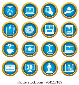3D Printing icons blue circle set isolated on white for digital marketing