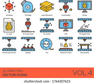 3D printing icons including shrinkage, cartridge, layer resolution, travel speed, slicing, g-code, printer head, jewelry, CAD, 45-degree rules, positioning precision, reprap, PLA, heated bed, leveling