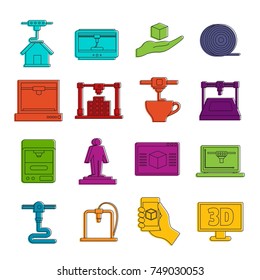3D Printing icons set. Doodle illustration of vector icons isolated on white background for any web design