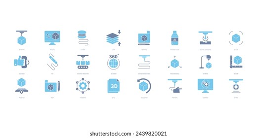 Conjunto de iconos de impresión 3D. Conjunto de iconos de trazo editables.Conjunto de vectores de impresión 3D