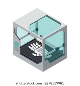 3D printing industry isometric icon with printer creating human hand model vector illustration