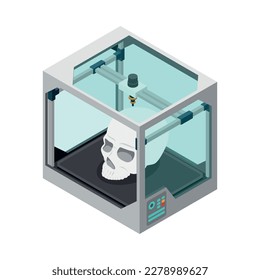 3D printing industry isometric icon with printer creating human skull model vector illustration