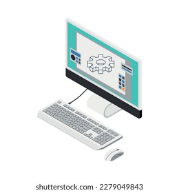 Icono isométrico de la industria de impresión 3D con modelo de engranajes en la ilustración vectorial de monitor de computadora