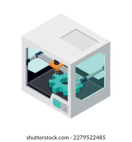 3D printing industry isometric icon with printer creating gear vector illustration