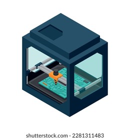 3D printing industry isometric icon with motherboard printing process vector illustration