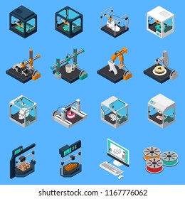 3D printing industry isometric icons collection with isolated icons of industrial stitching facilities and sewings machines vector illustration