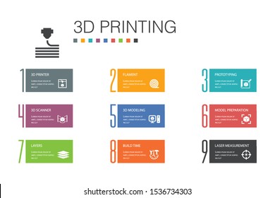 3d printing Infographic 10 option line concept.3d printer, filament, prototyping, model preparation simple icons