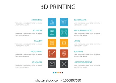 3d printing Infographic 10 option concept. 3d printer, filament, prototyping, model preparation simple icons