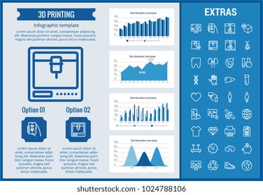 modelo infográfico de impressão 3D, elementos e ícones. O infográfico inclui gráficos personalizáveis, gráficos, conjunto de ícones de linha com impressora 3D, produtos de tecnologias de inovação 3D, máquina de impressão etc.