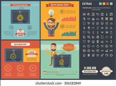 3D printing infographic template and elements. The infographic template includes illustrations of hipster men and huge awesome thin line icons set. Modern minimalistic flat vector infographic design