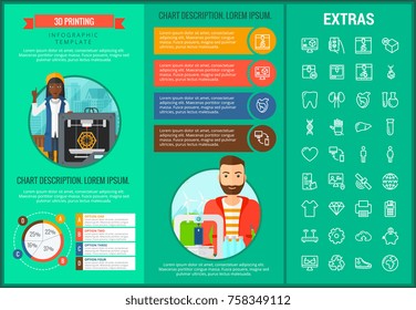 3D printing infographic template, elements and icons. Infograph includes customizable graphs, charts, line icon set with 3D printer, products of 3D innovation technologies, printing machine etc.