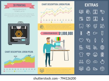 3D printing infographic template, elements and icons. Infograph includes customizable graphs, charts, line icon set with 3D printer, products of 3D innovation technologies, printing machine etc.