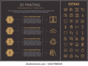 3D printing infographic timeline template, elements and icons. Infograph includes numbered options, line icon set with 3D printer, products of 3D innovation technologies, printing machine, router etc.
