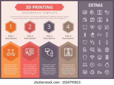 3D printing infographic timeline template, elements and icons. Infograph includes numbered options, line icon set with 3D printer, products of 3D innovation technologies, printing machine, router etc.
