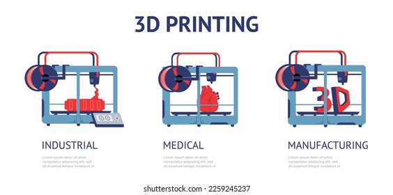 3D printing infographics set, flat vector illustration isolated on white background. Concepts of medical, industrial and manufacturing printing. Modern additive technology.
