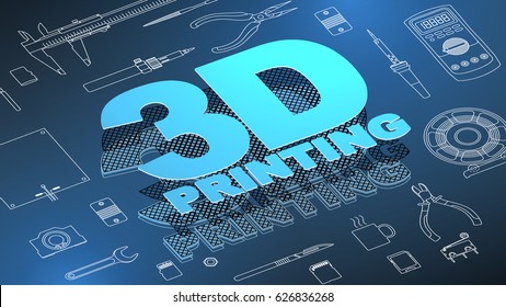 3d printing isometric background Diy and repair concept . Set Collection tools. the engine, coil filament, pliers, needle files, pliers, tester, soldering iron, calipers, hot end, hot bed, extruder