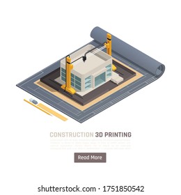 3d printing isometric composition with plan of building construction vector illustration