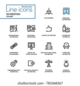 3D printing - line design icons set. Scanners, personal printers, professional, industrial, budget, materials, accessories, digital model building, architectural, furniture, engineering part, etc