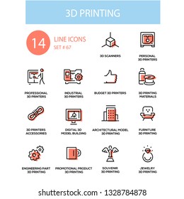 3D printing - line design style icons set. Scanners, personal printers, professional, industrial, budget, materials, accessories, digital model building, architectural, furniture, engineering part