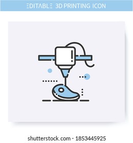 3d Printing Line Icon. Plant Based Innovative Steak Under Printing Head. 3d Printing In The Meat Business. Additive Manufacturing, Prototyping Industry. Isolated Vector Illustration. Editable Stroke 