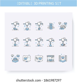 3d printing line icons set line icon. 3d modeling and rendering process. Additive Manufacturing, fabber technology in different industries. Isolated vector illustration. Editable stroke 