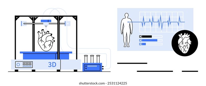 Máquina de impressão 3D criando um modelo de coração com um monitor de saúde digital mostrando o status do corpo humano. Ideal para inovação médica, tecnologia de saúde, biotecnologia, impressão 3D, cardiovascular